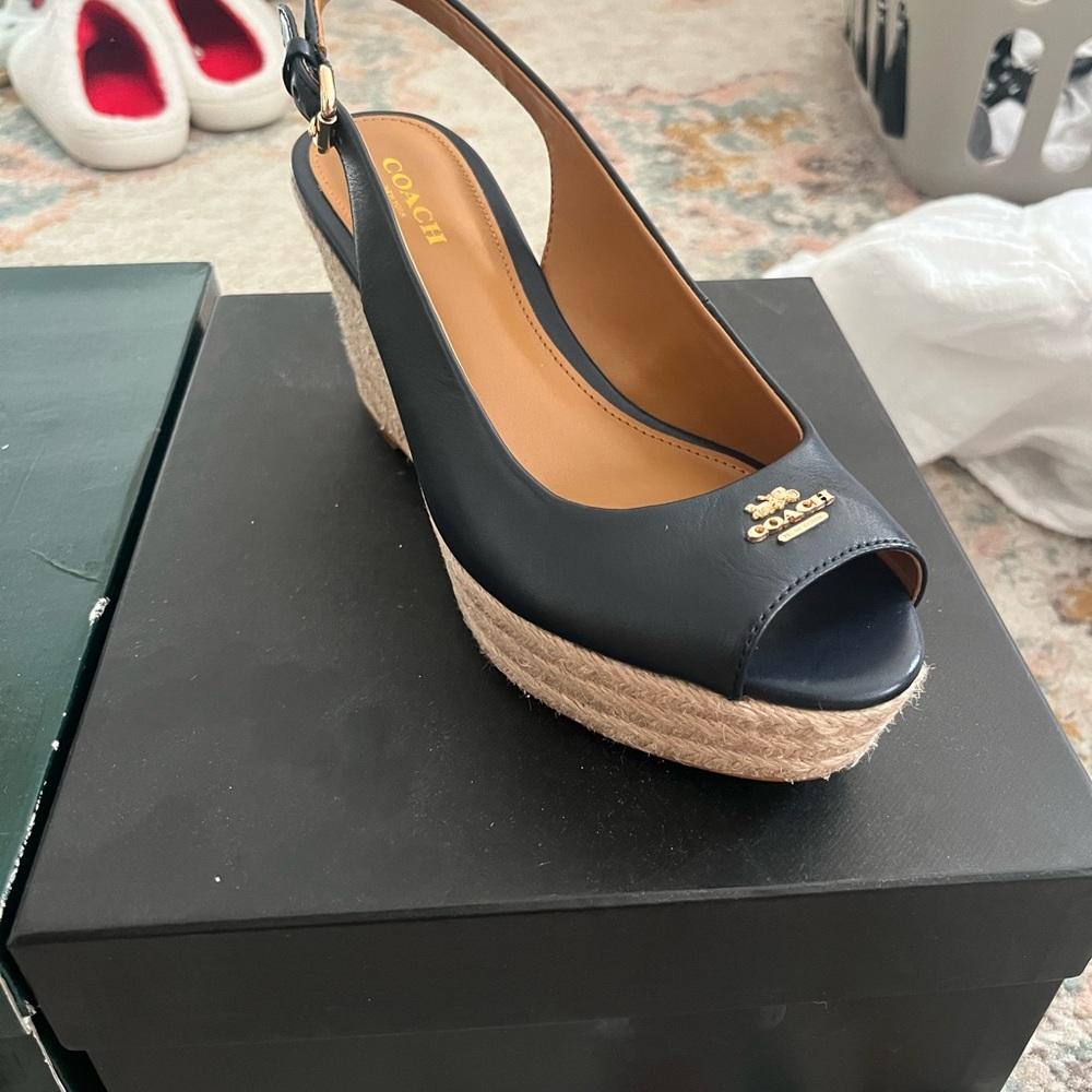 Coach Navy Wedge Sandals with Espadrille Platform